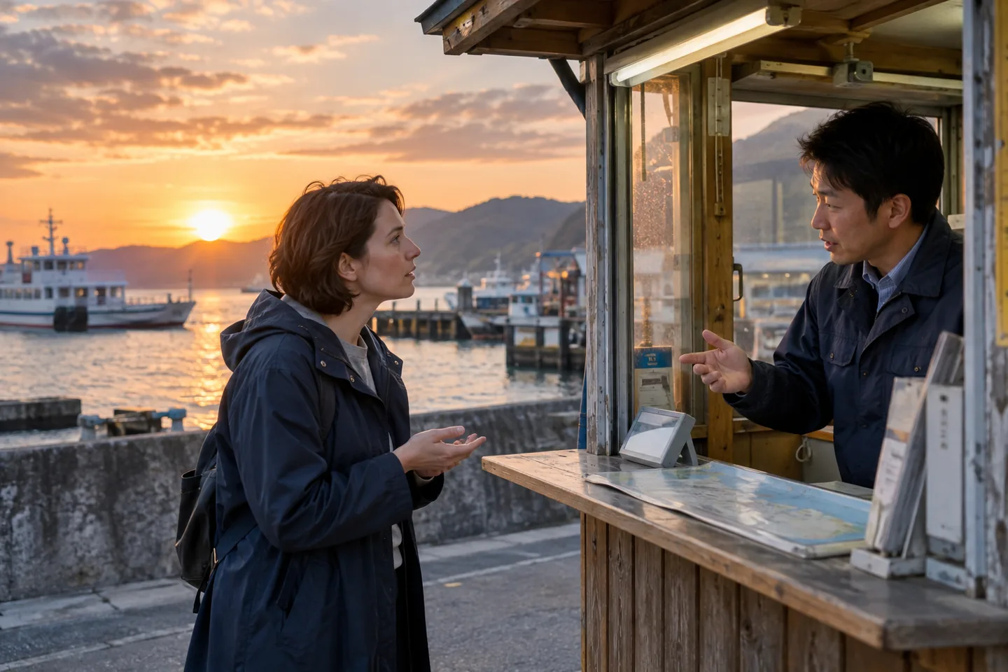 A European woman asks a Japanese ferry attendant for clarification beside the harbor at sunset