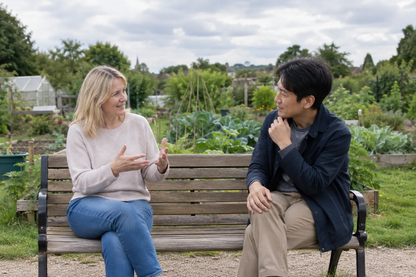 A European woman and a Japanese man rehearse a conversation on a community garden bench