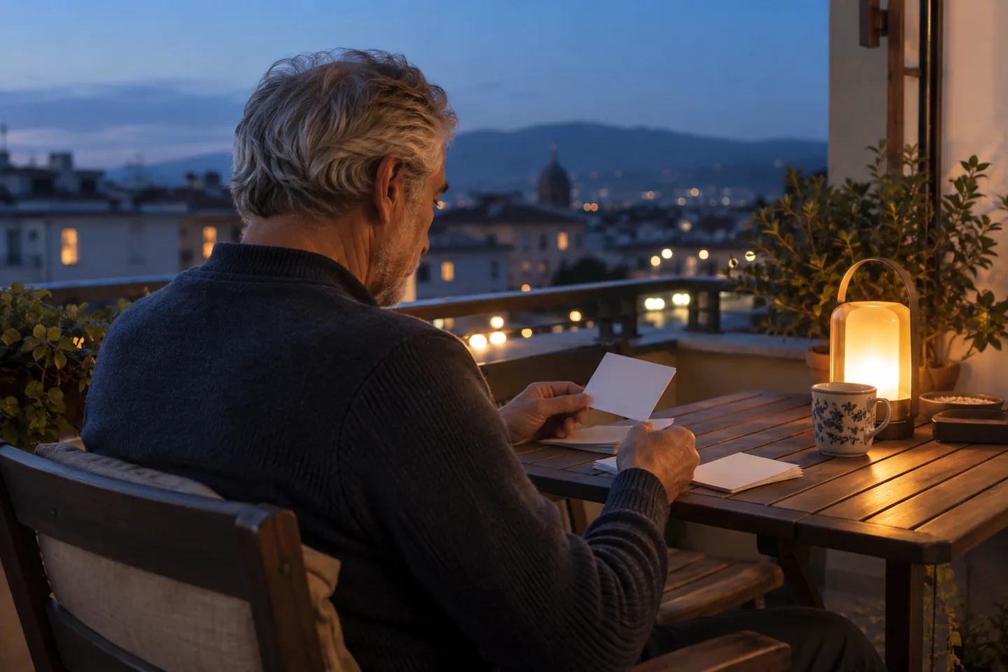 An older European man reviews paper cards on a balcony at blue hour