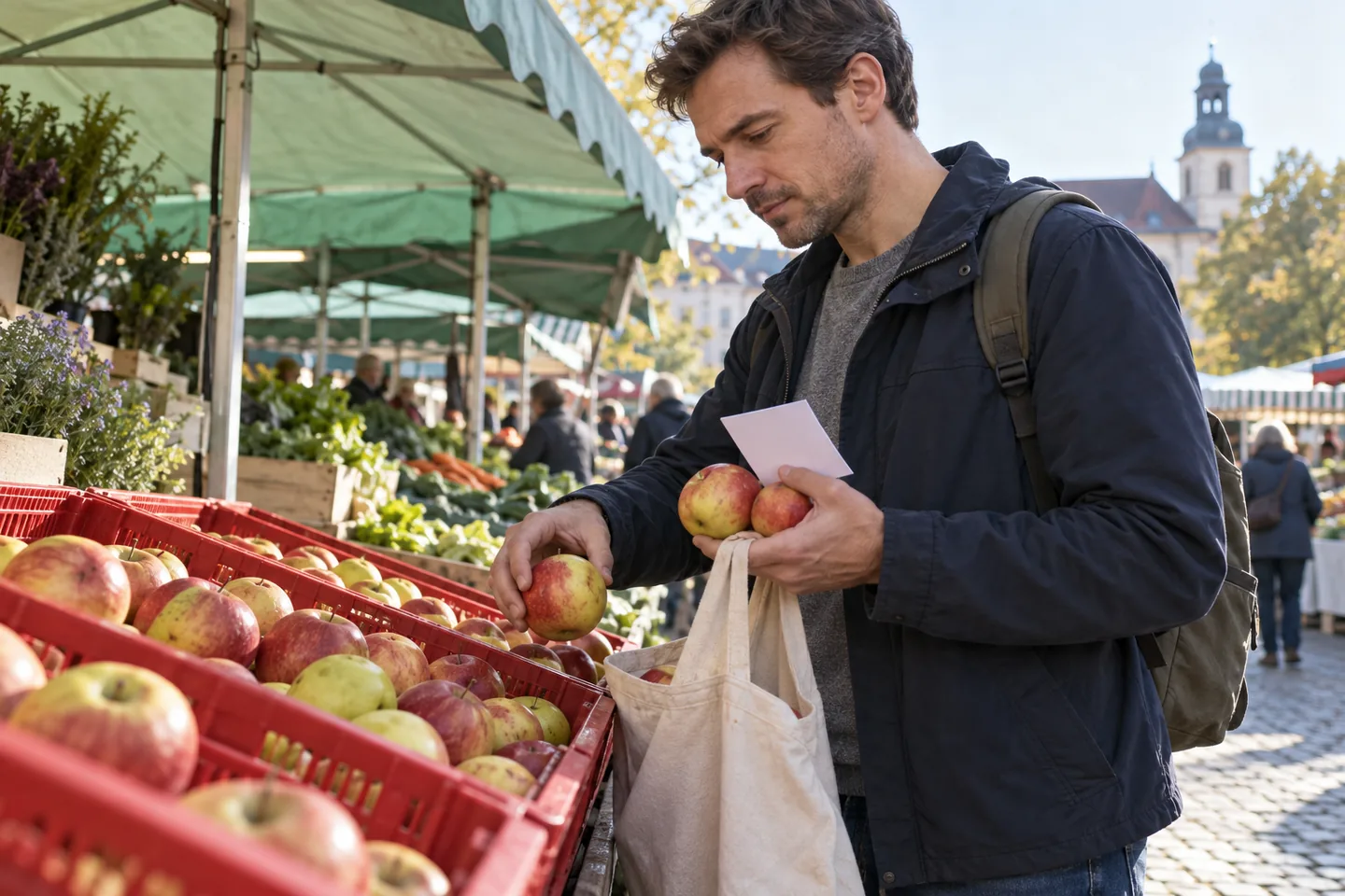 A European man counts apples into a canvas bag at a bright neighborhood market