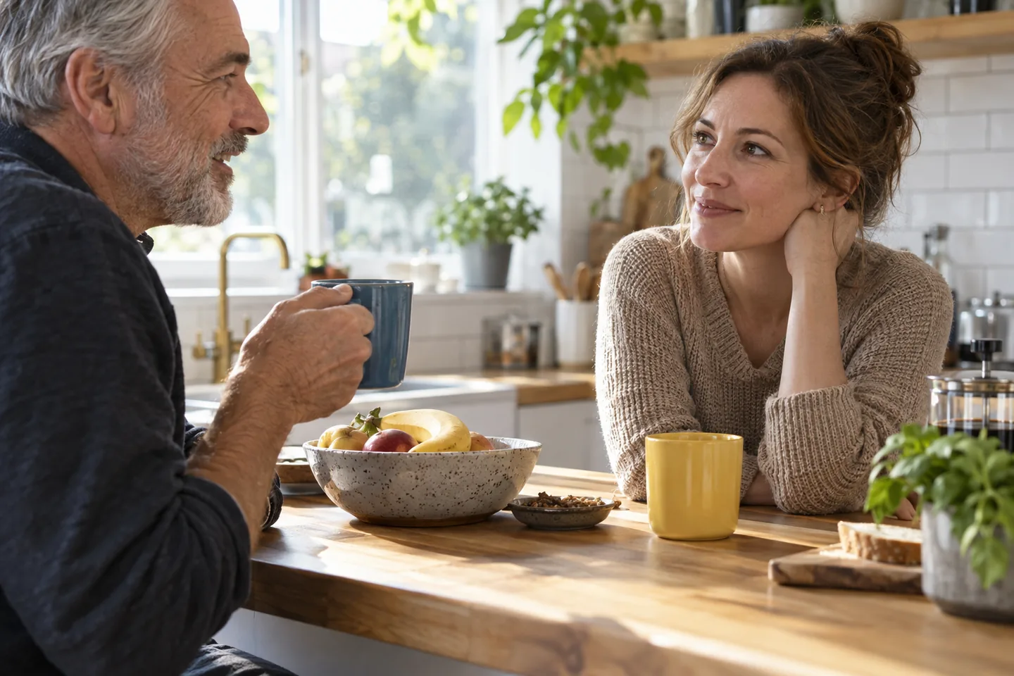 European woman and older man practicing with a yellow and a blue cup on opposite sides of a kitchen counter