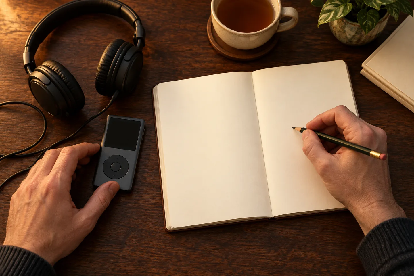 Hands preparing to write a first listening attempt in a blank notebook beside an audio player