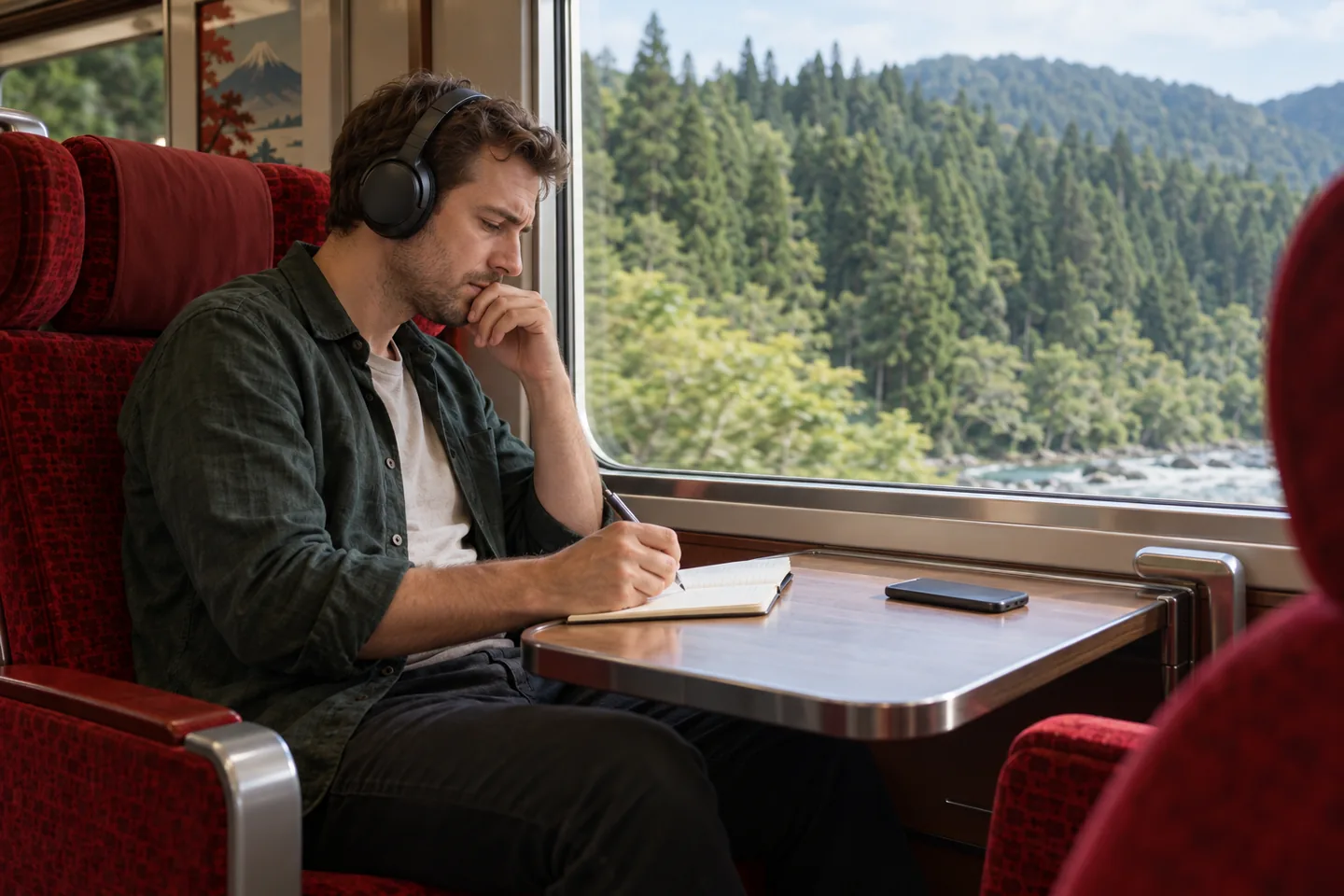European man wearing headphones and writing in a notebook inside a red-seated train carriage