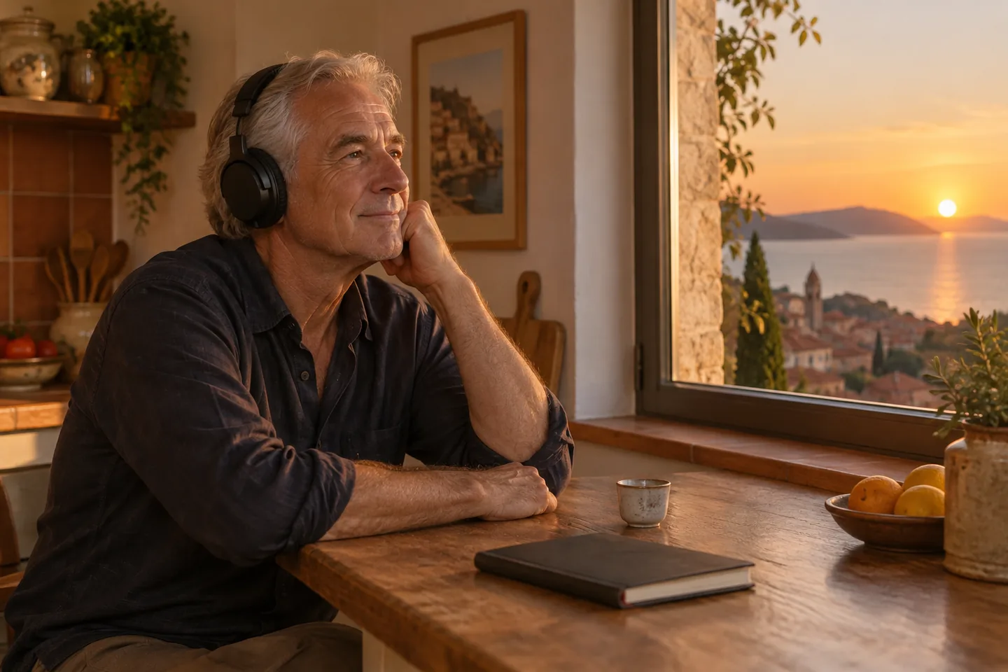 Older European man listening beside a kitchen window with his notebook closed