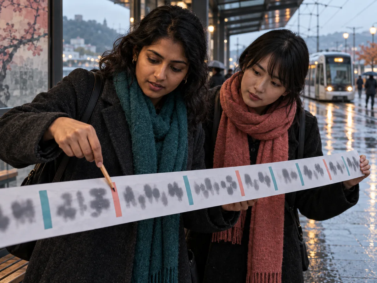 Two adult learners marking boundaries on an abstract sentence strip at a rainy tram stop