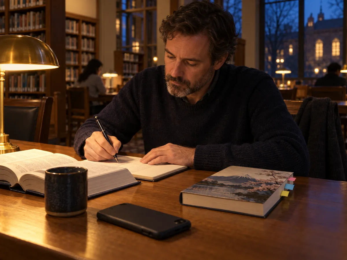 Adult learner writing a useful dictionary example into a notebook in a warmly lit public library