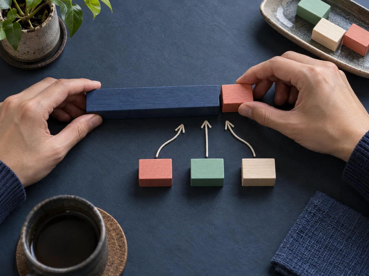 Hands connecting a long indigo wooden stem to interchangeable coral, mint and cream ending blocks