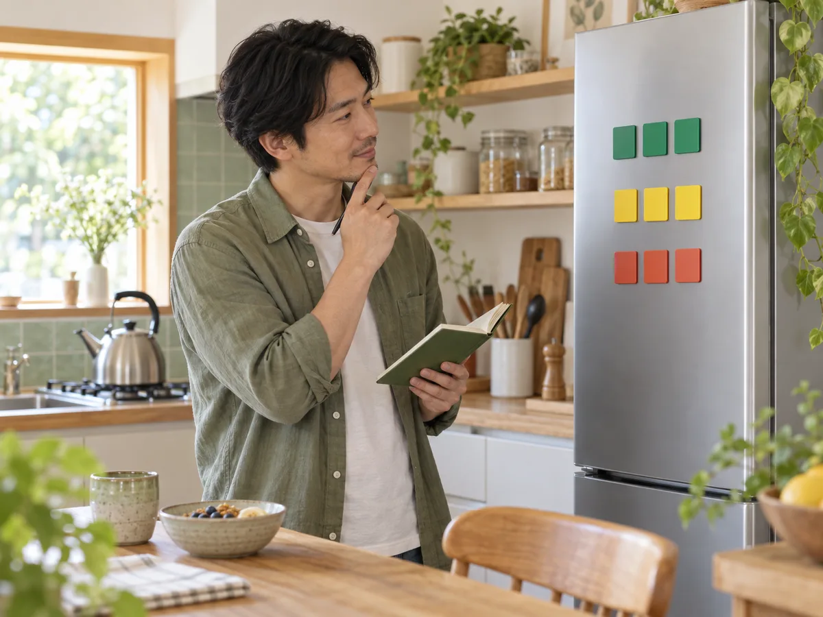 Adult learner comparing three neat groups of blank coloured magnetic tiles in a bright home kitchen