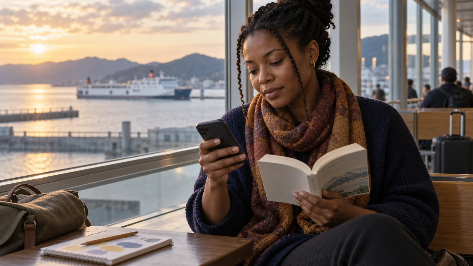 Adult learner checking an unfamiliar Japanese word on her phone while reading beside a ferry terminal window at sunset