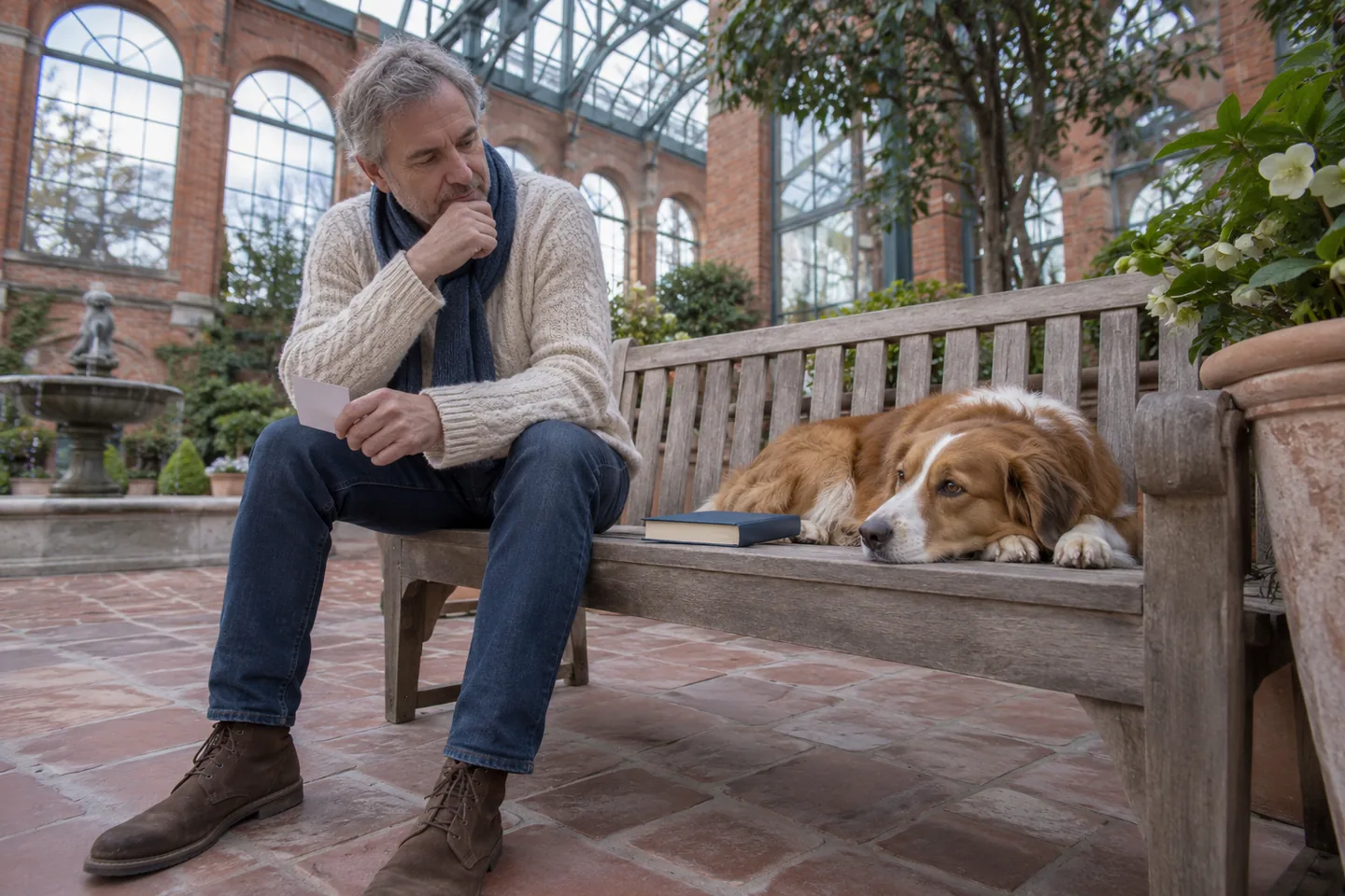 European man observing a dog and a book on a bench in a brick conservatory