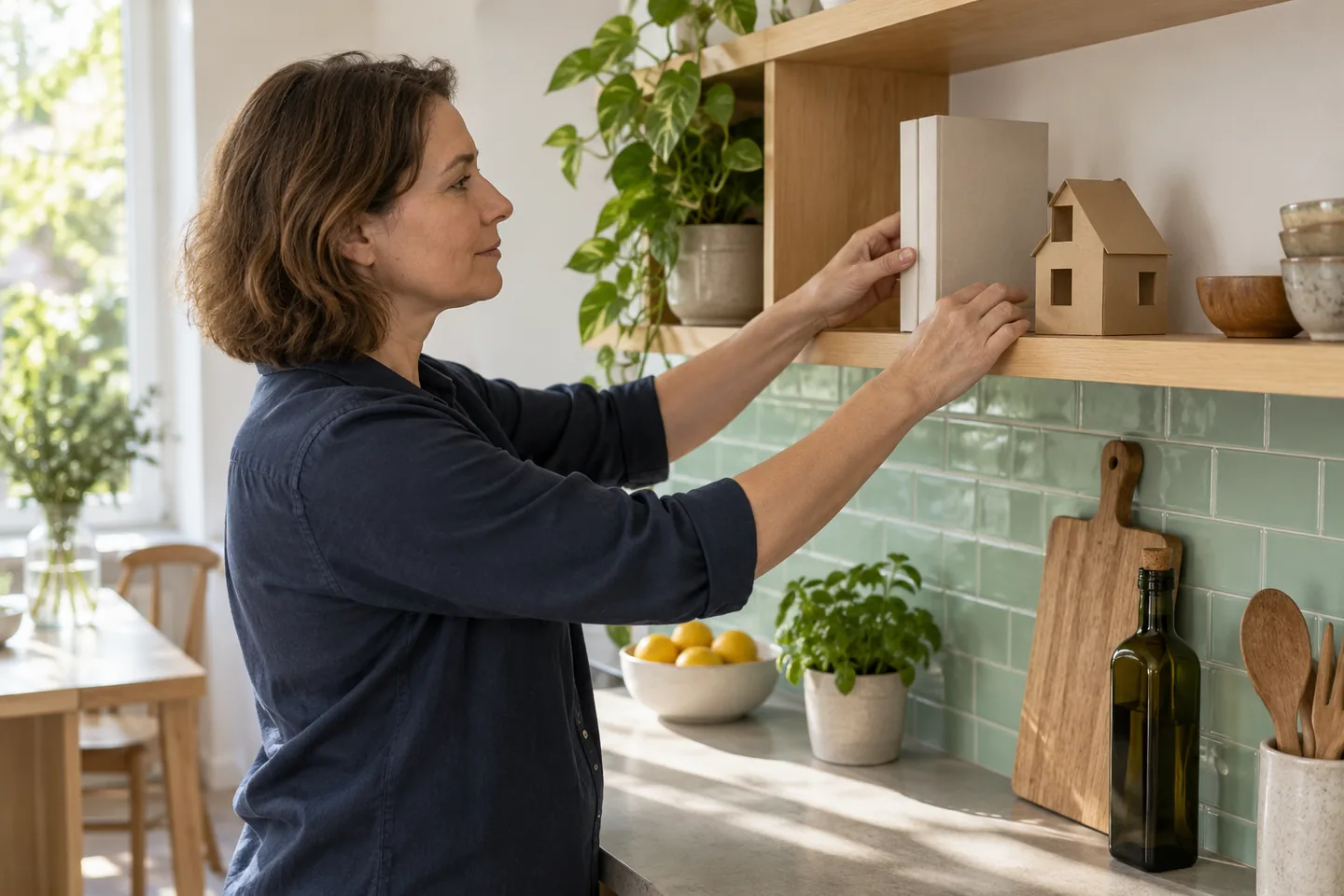 European woman arranging a book and a cardboard house on a kitchen shelf