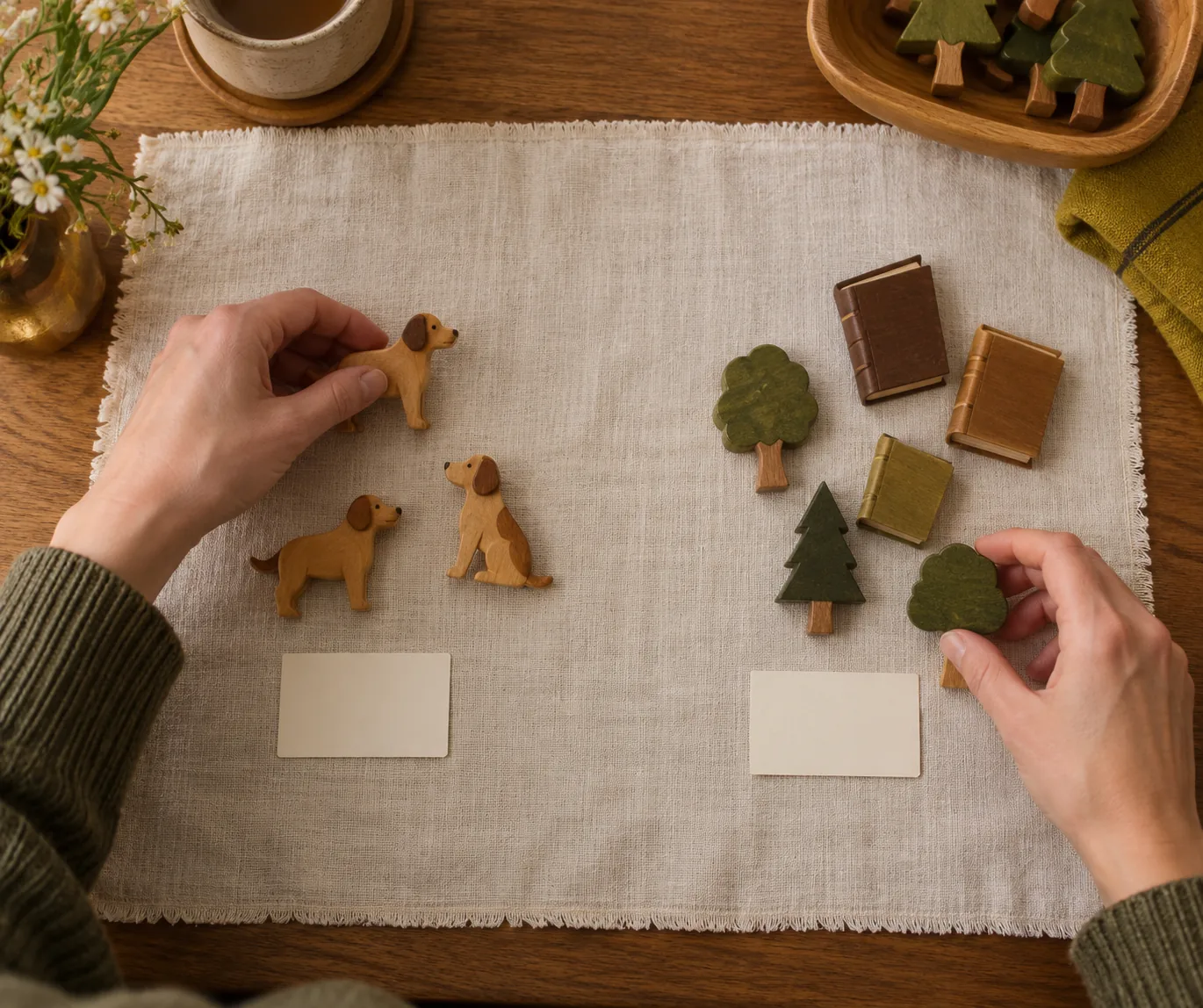 Hands sorting wooden dog, tree and book figures on linen