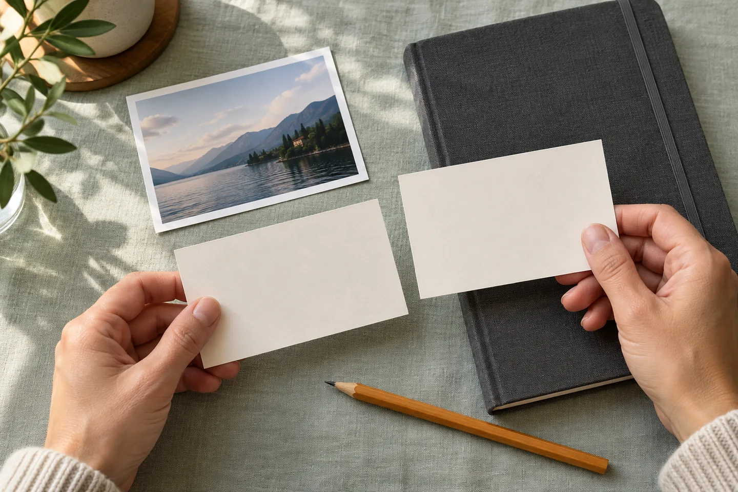 Mãos comparando dois cartões claros com foto de paisagem e caderno cinza sobre linho verde