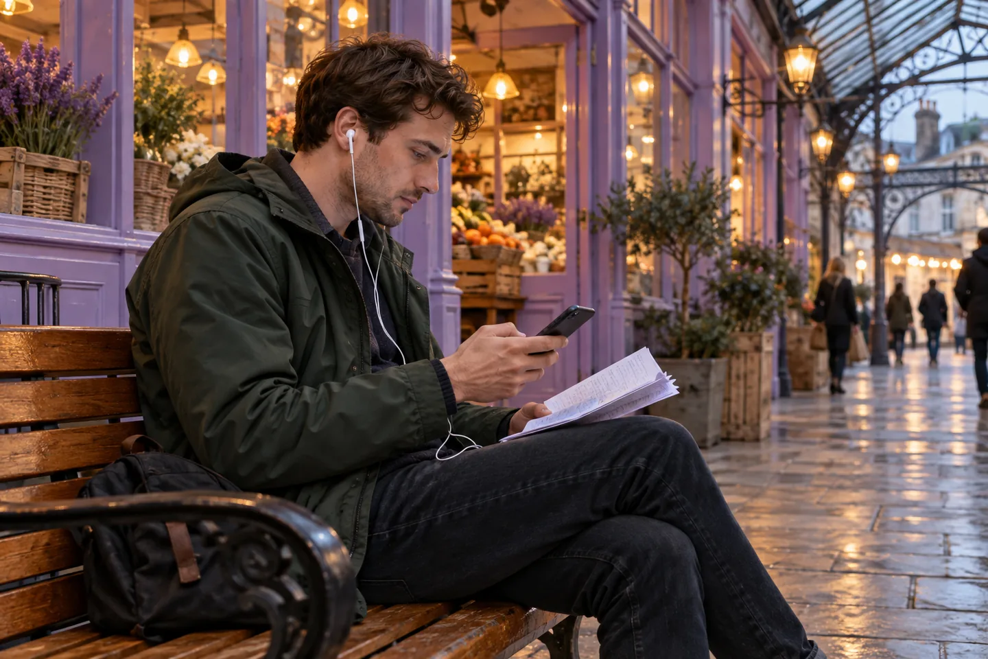 Europeu de jaqueta verde ouvindo com fones e anotações junto a uma galeria de mercado lavanda