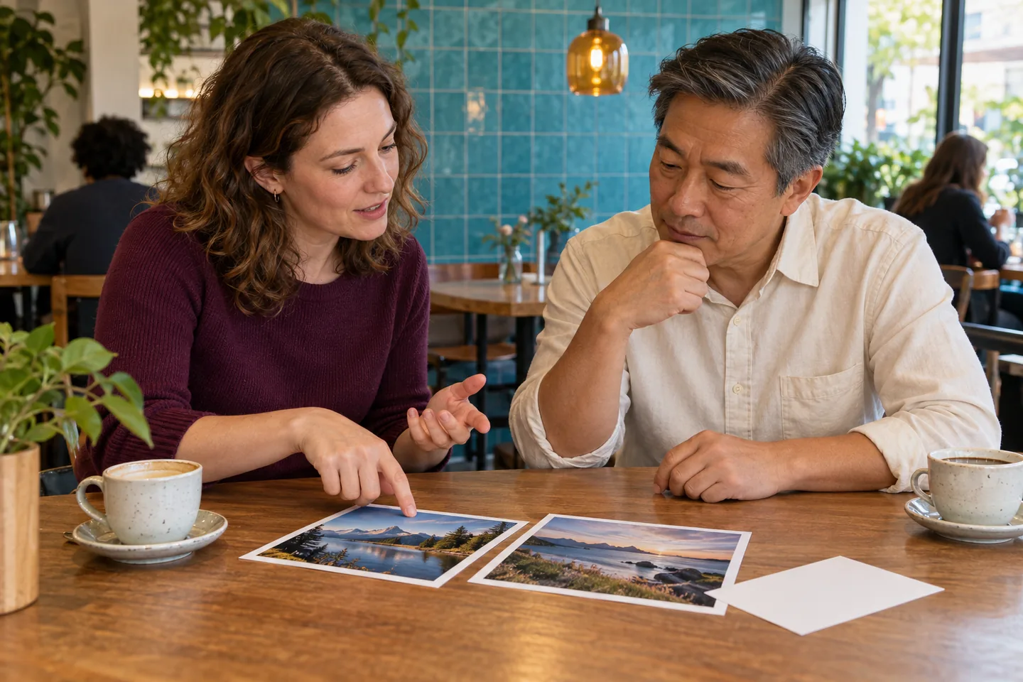 Europeia e homem do leste asiático conversando sobre fotos e cartão num café de azulejos turquesa