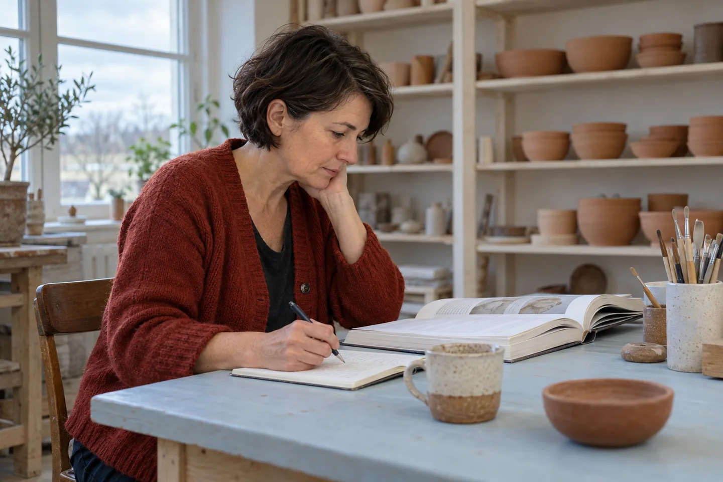 Europeia de cardigã avermelhado conferindo livro e caderno numa mesa azul de ateliê de cerâmica