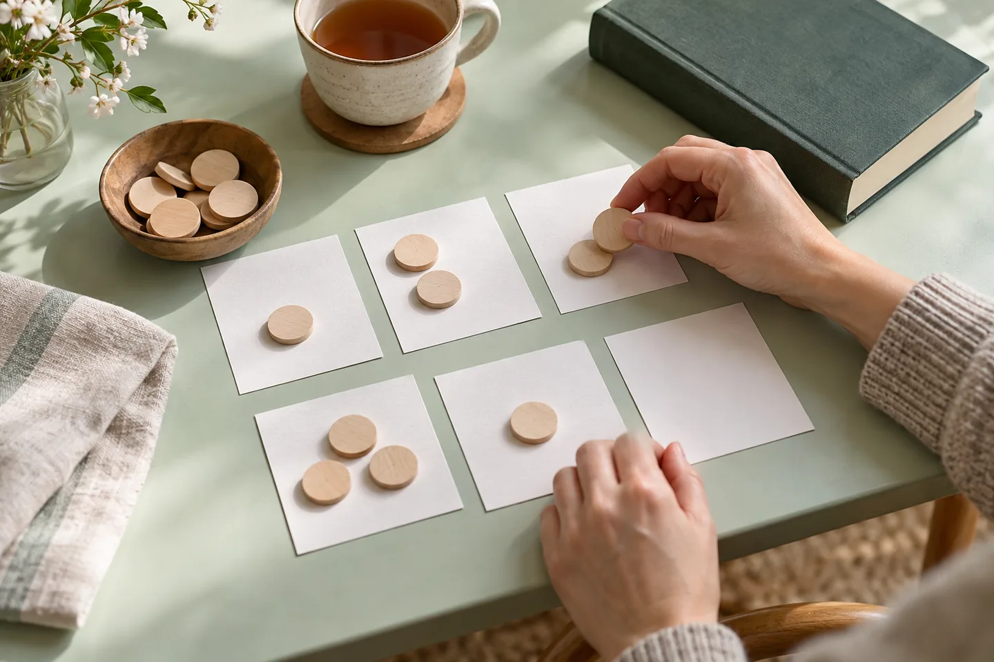 Hands placing wooden tokens on blank activity cards beside a cup and a closed book