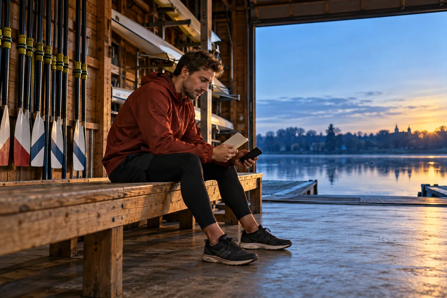 European man in a brick-red jacket studies a notebook beside a phone on a wooden boathouse bench at dawn