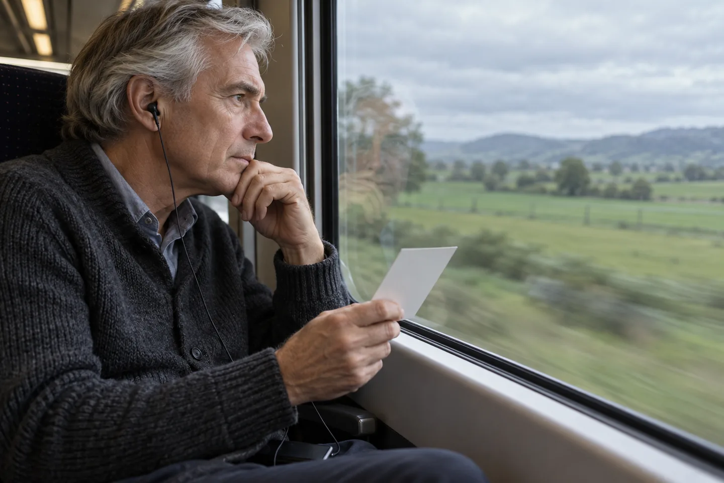 Older European man listens with wired headphones and a pocket card at a train window