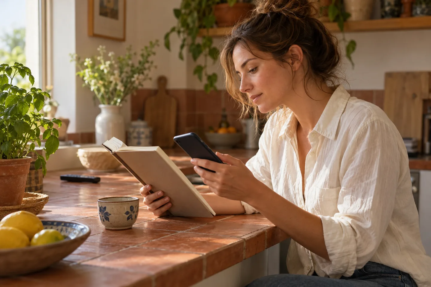 European woman compares a notebook and phone at a terracotta kitchen counter