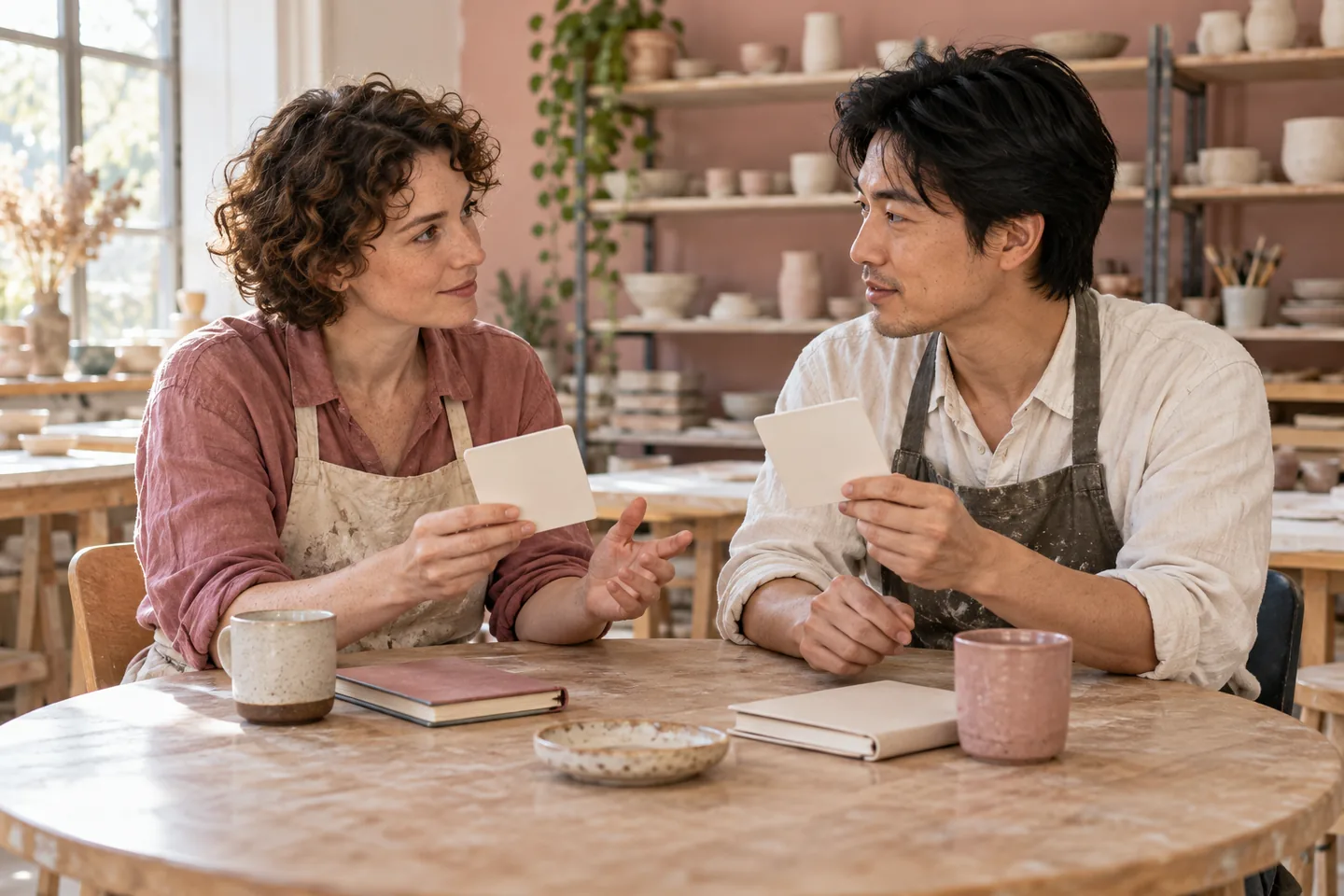 European woman and East Asian man practise with paper cards in a pottery studio
