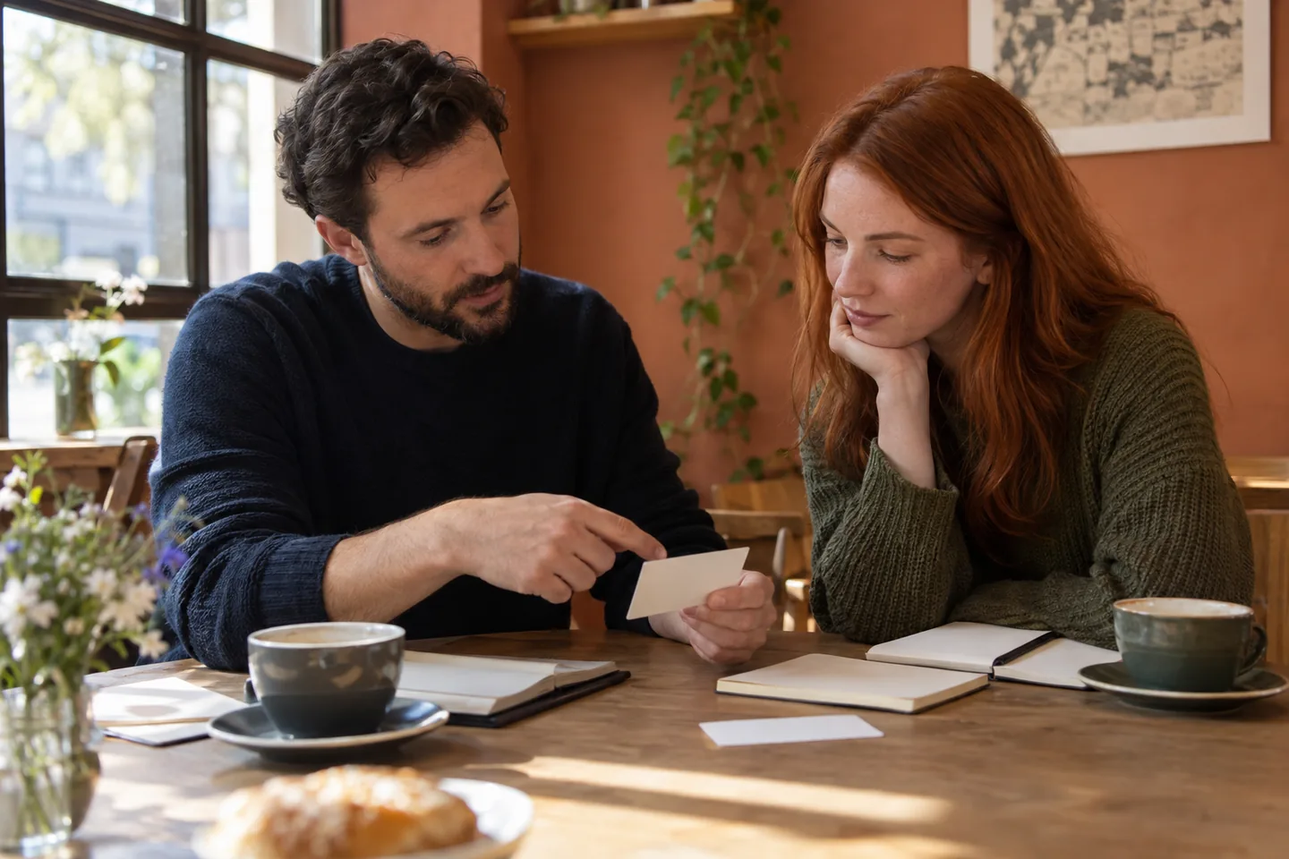 Two European adults compare paper notes and a practice card in a neighborhood cafe