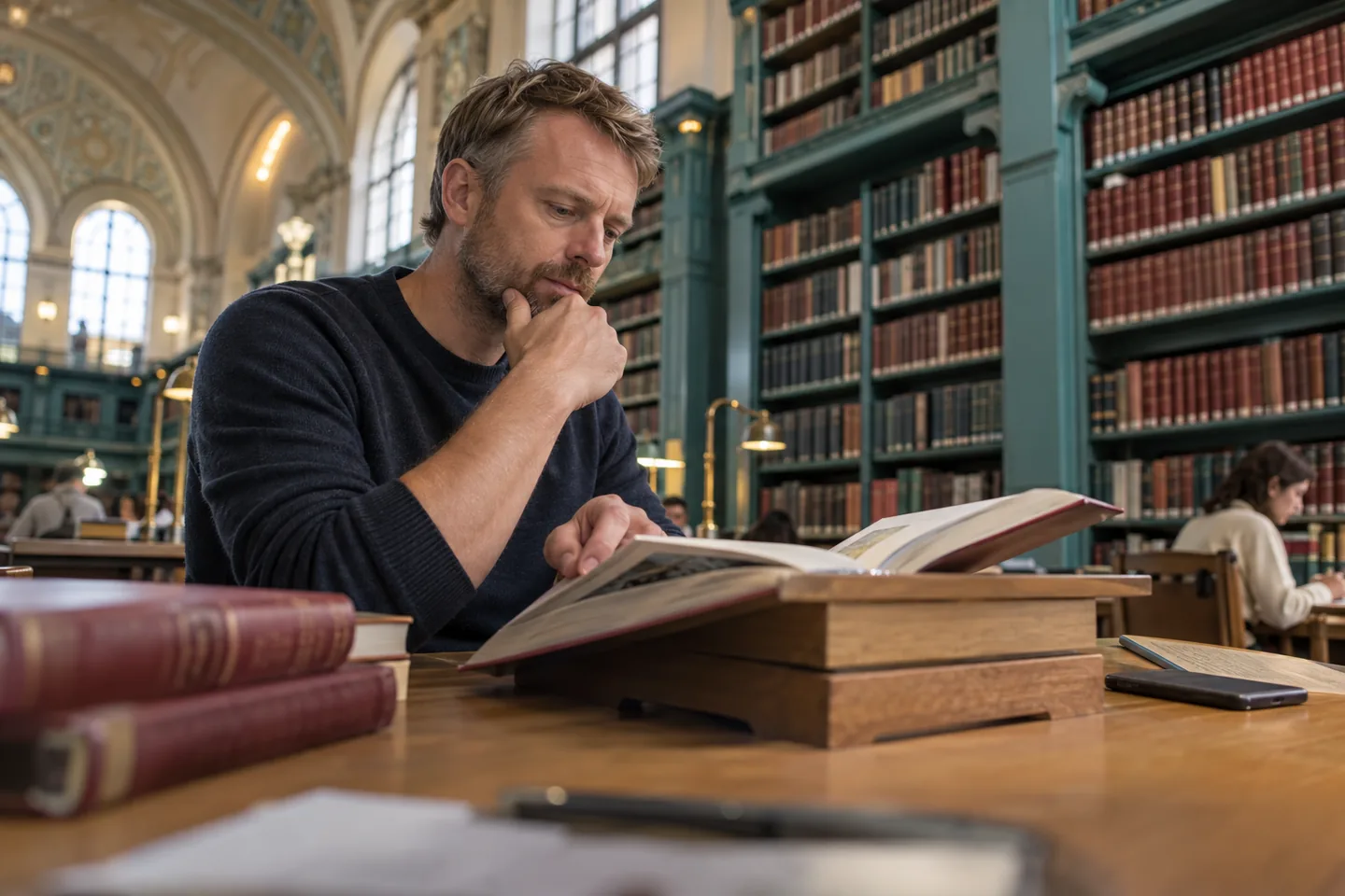 A European man compares a language book and a phone turned face-down at a reading stand in a bright library