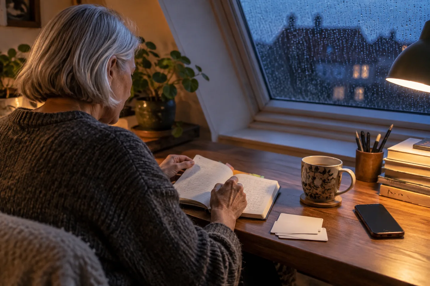 An older European woman returns to a bookmarked notebook by a rainy attic window