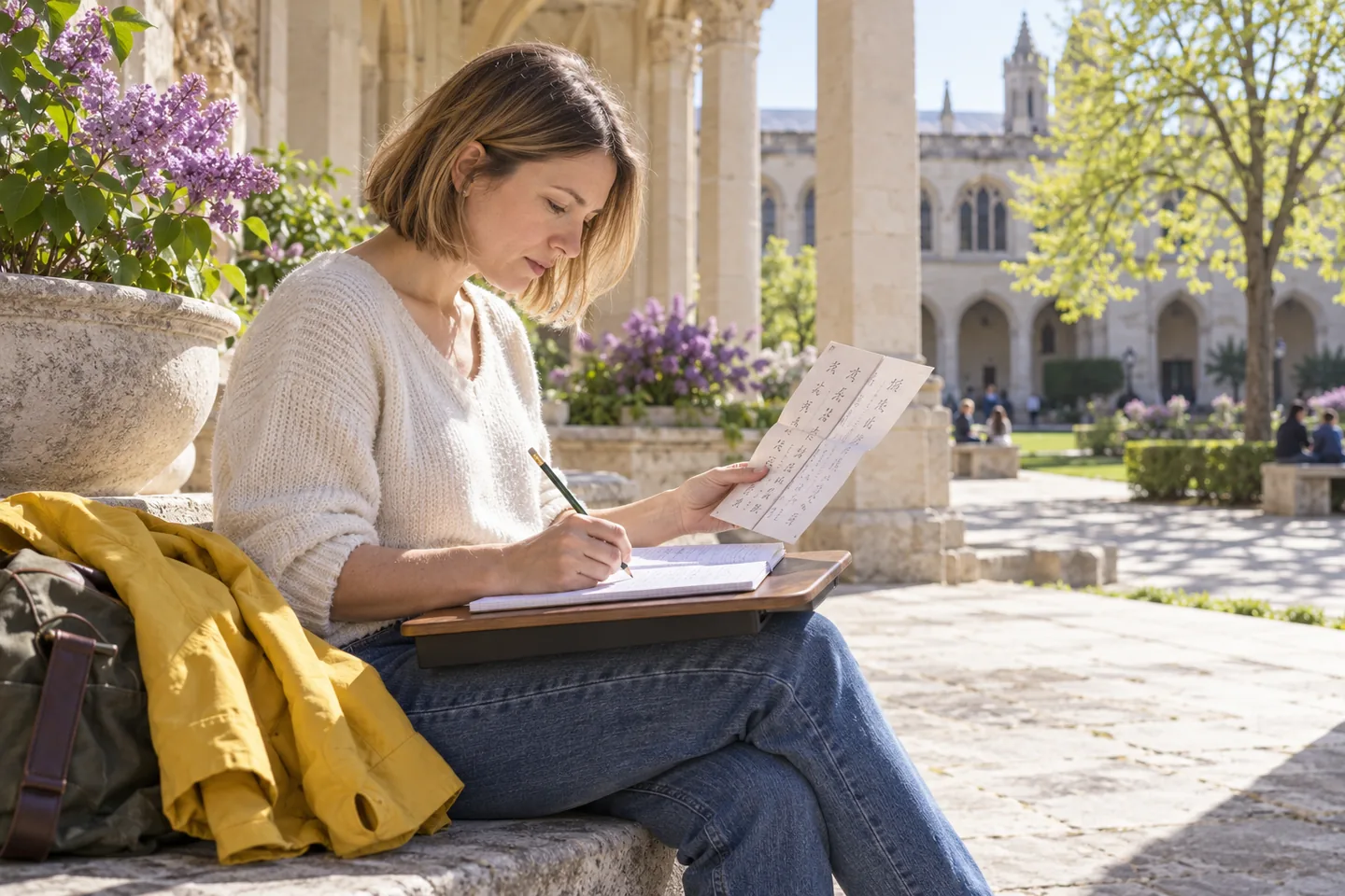 European woman comparing a paper reference with her handwriting in a squared notebook in a bright stone courtyard