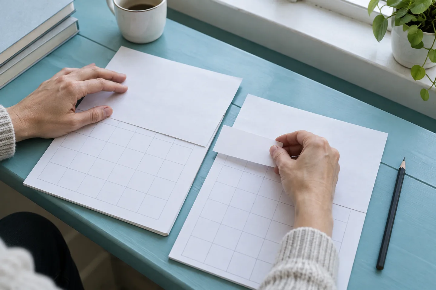 Hands move a paper tab between covered reference pages and empty practice grids on a cyan bench
