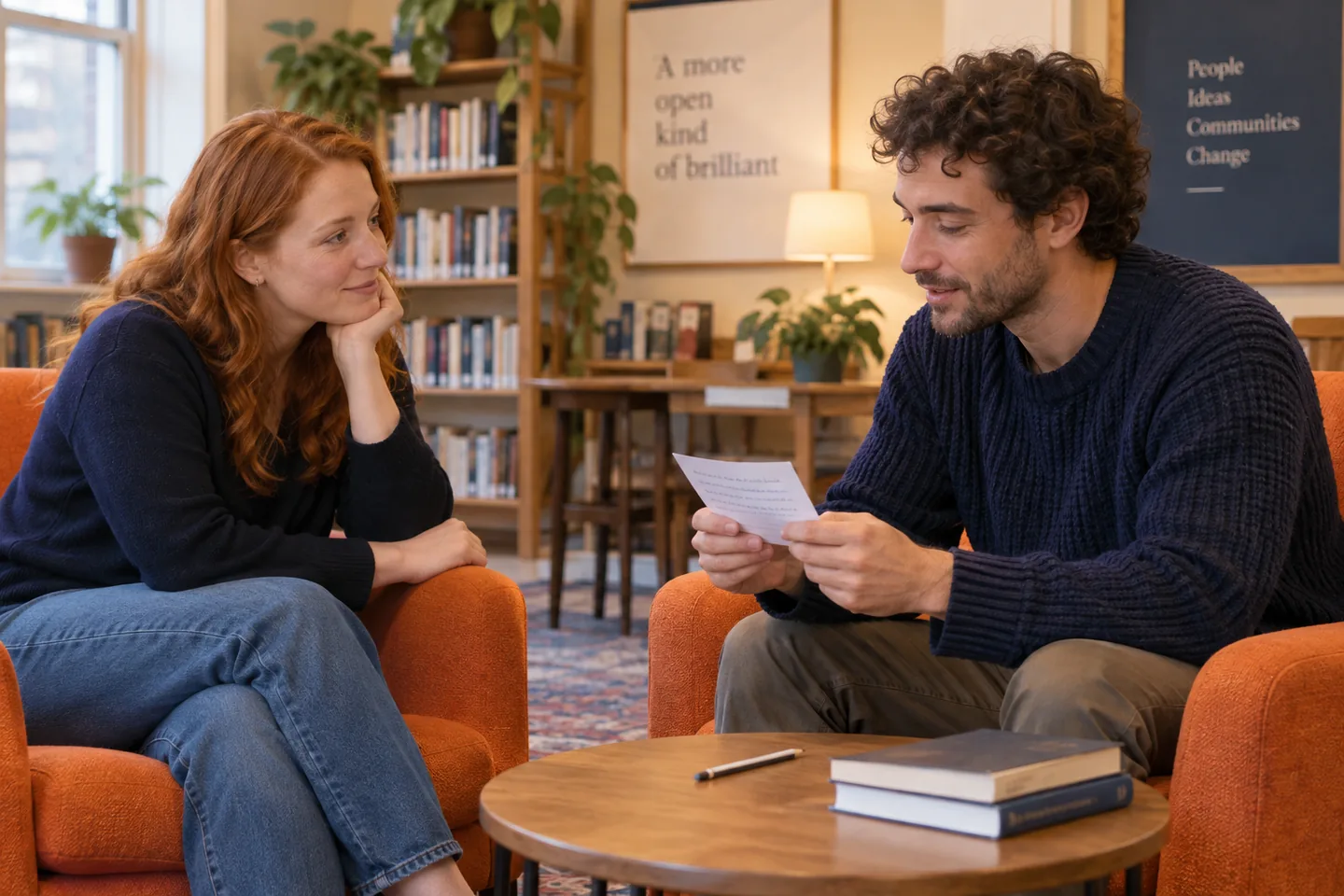 Two European adult learners checking a small handwritten note together in a community reading room
