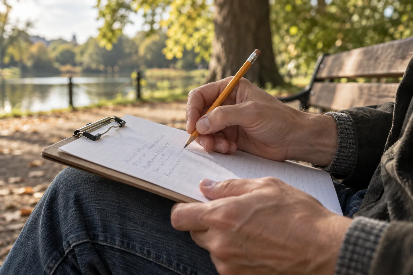 Close view of adult hands practising a short pencil movement on squared paper clipped to a board at a park bench
