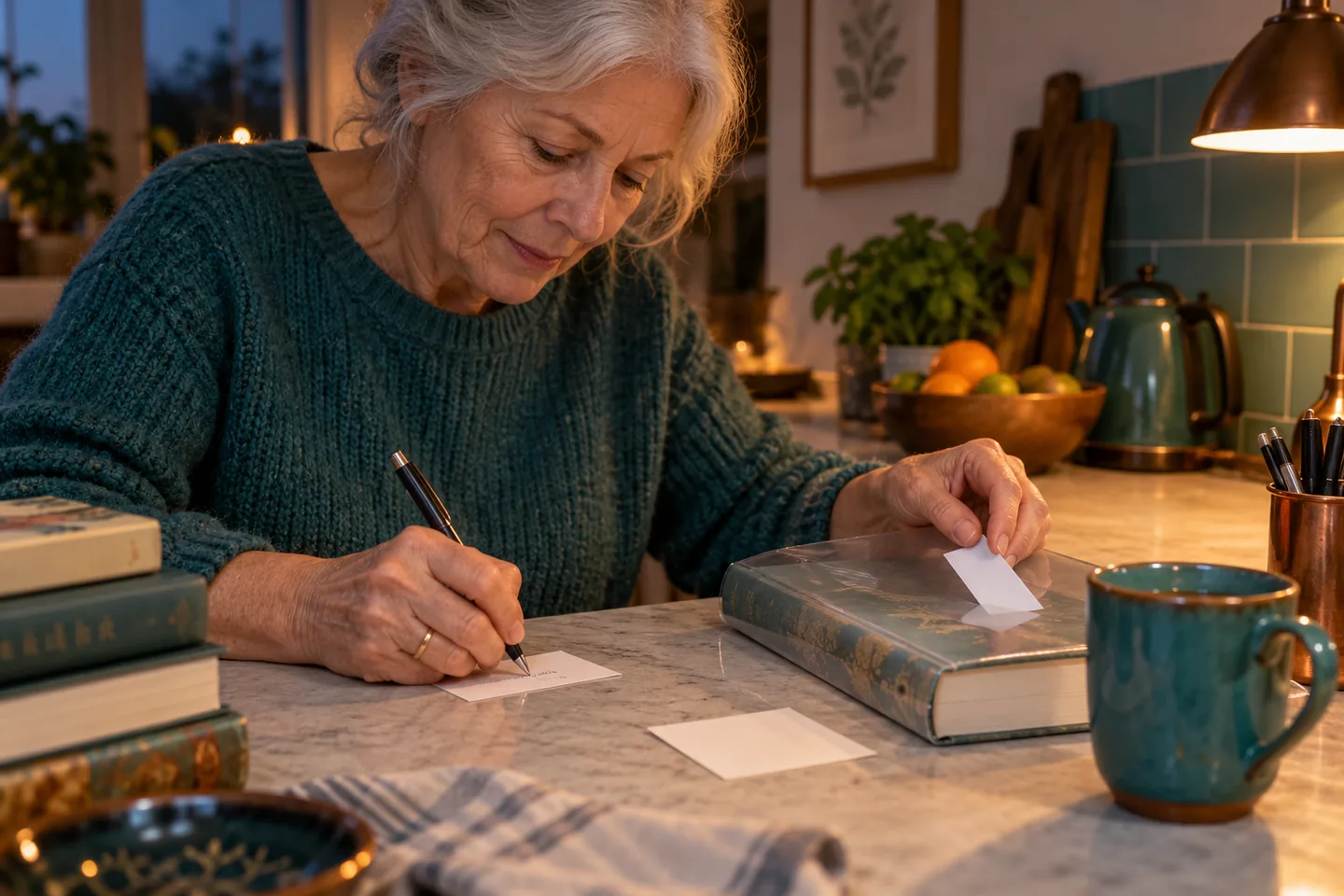 Older European woman writing a compact paper study label and placing another inside a clear book cover on a kitchen counter