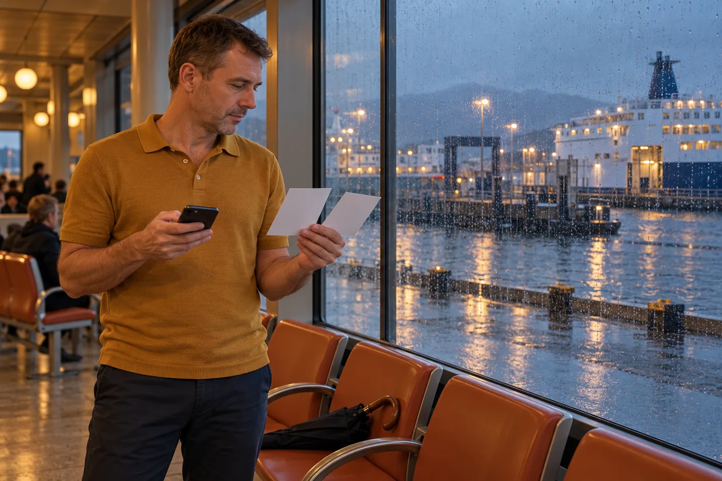 Europeu de polo açafrão comparando celular e cartões junto à janela molhada de chuva de um terminal de balsas