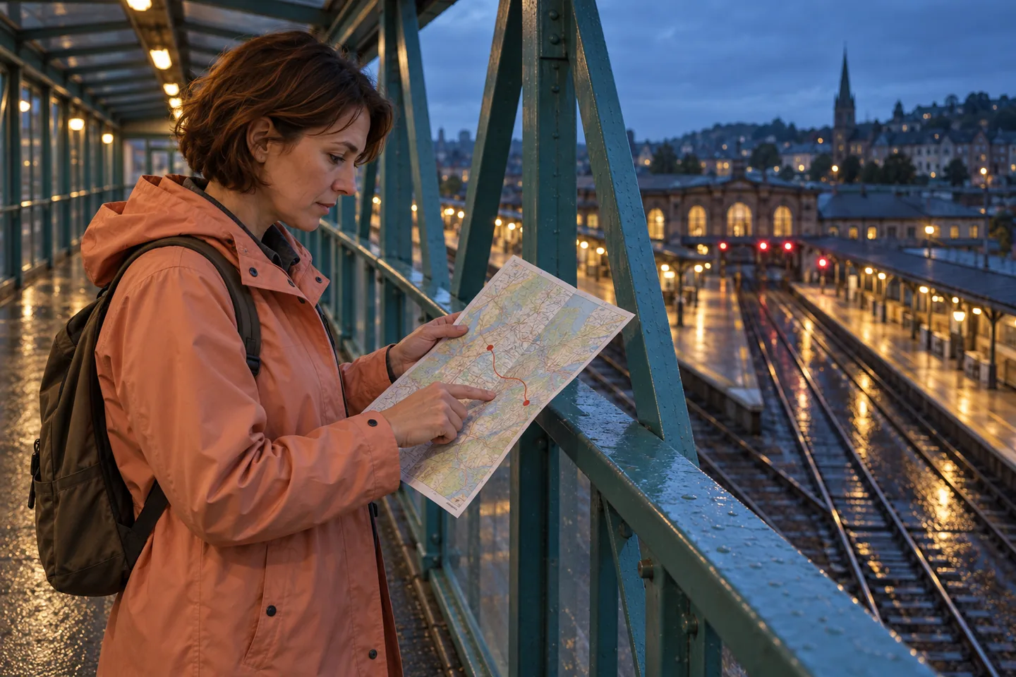 European woman tracing a route on a paper map on a covered railway footbridge at blue hour