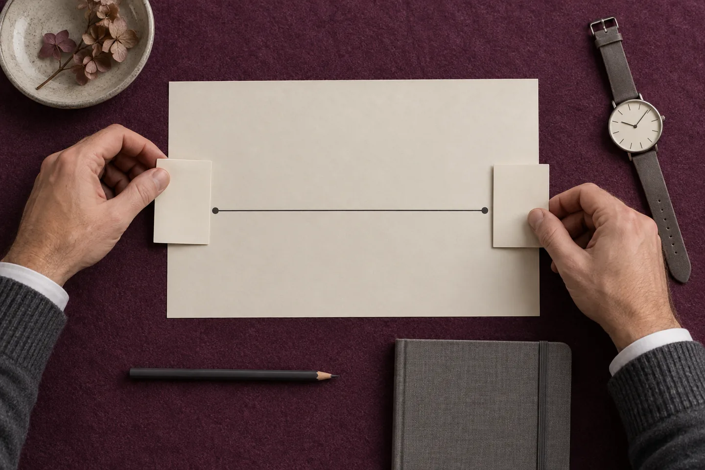 Hands placing two cards at the endpoints of a paper line beside an analog watch on plum felt