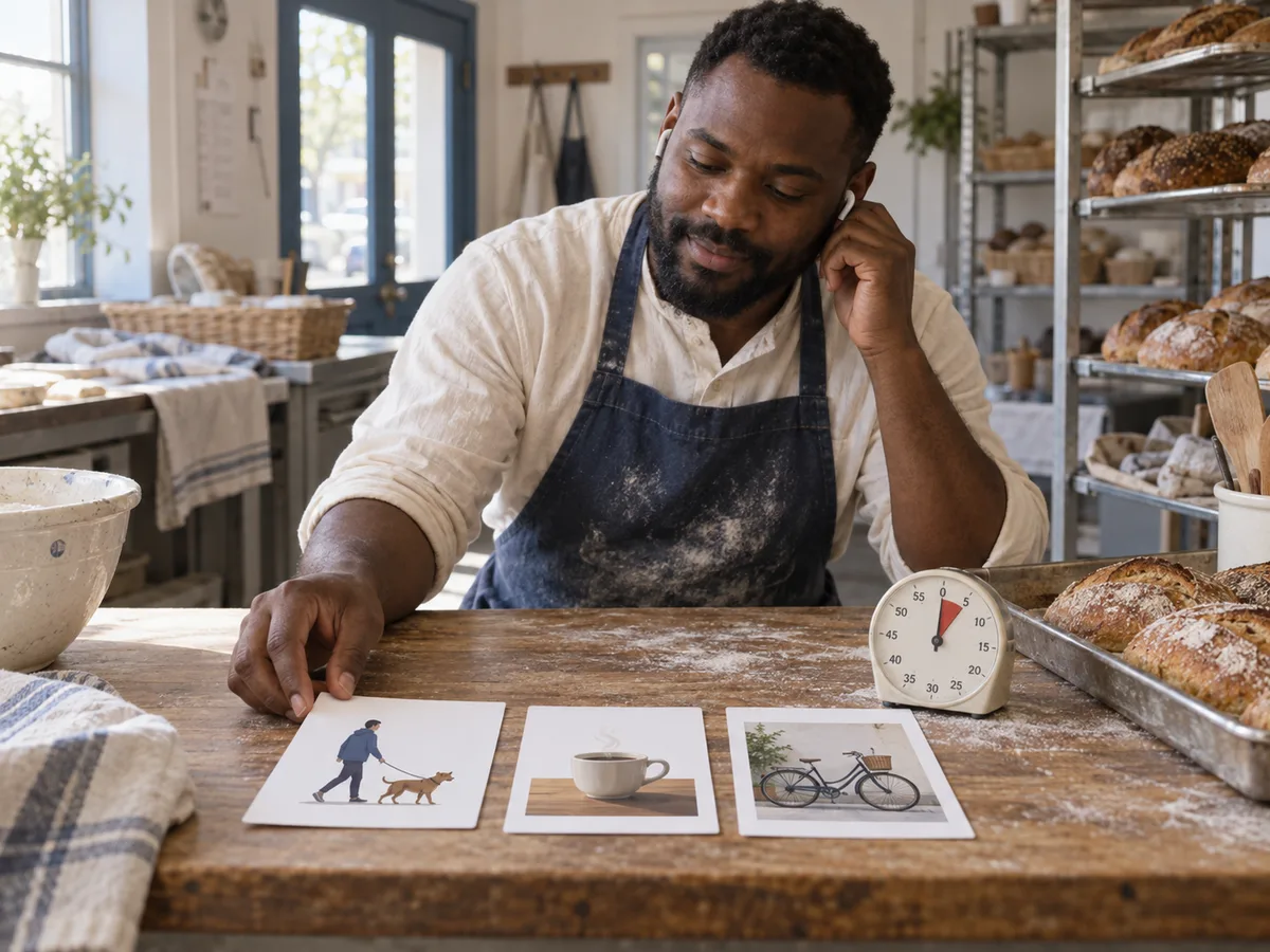 Adult baker choosing among three simple picture prompts while listening through one earbud beside an analog timer