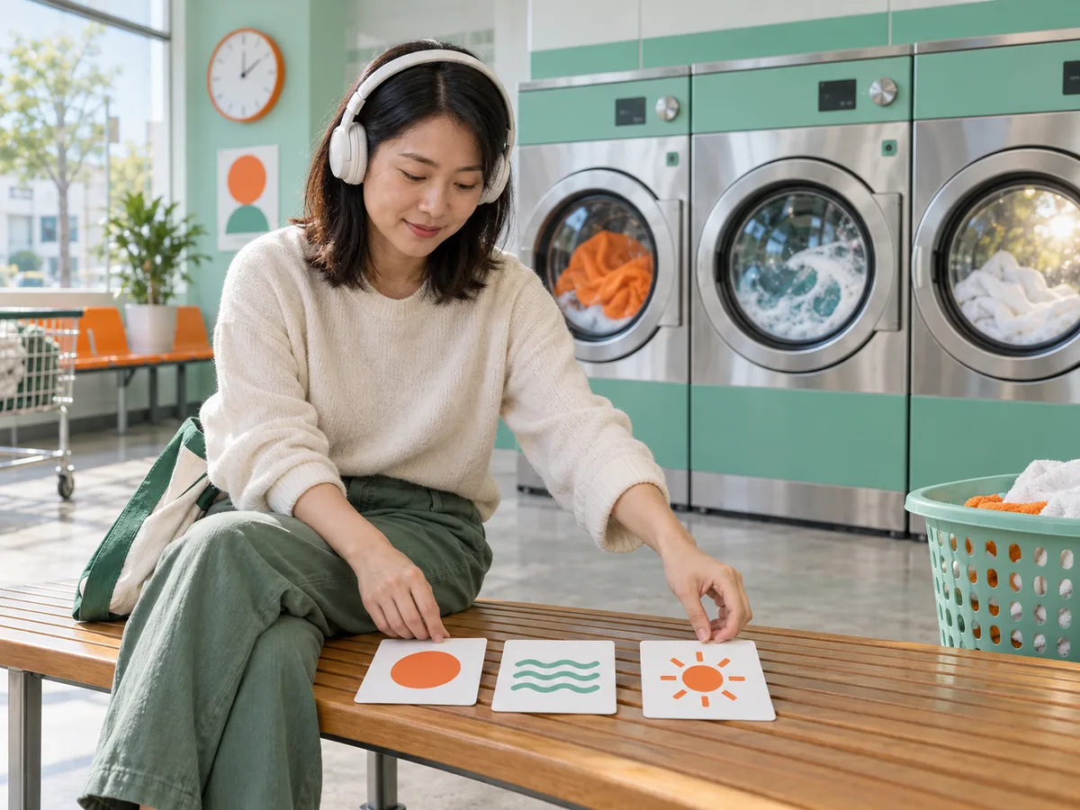 Adult learner arranging three abstract picture cards in sequence while listening with headphones in a bright laundromat