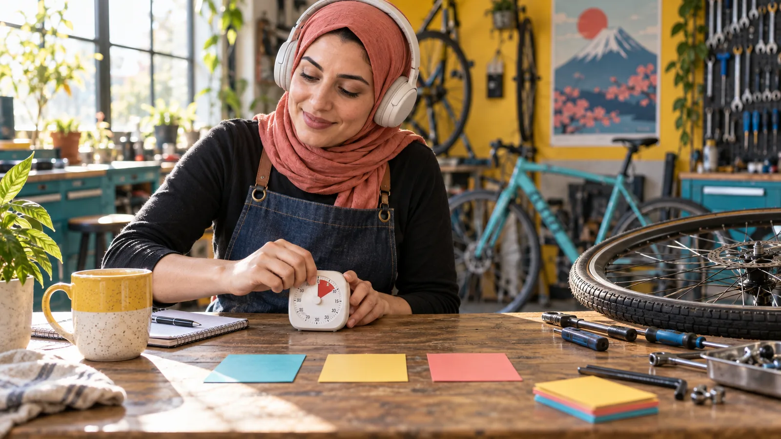 Adult learner starting a ten-minute Japanese listening session with headphones and an analog timer in a bright bicycle workshop
