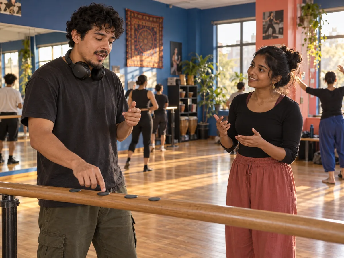Two adult learners repeat a short phrase and tap four beat markers in a lively community dance studio