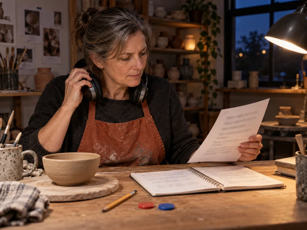 Adult learner comparing a blurred transcript with her listening notes in a warmly lit ceramics studio