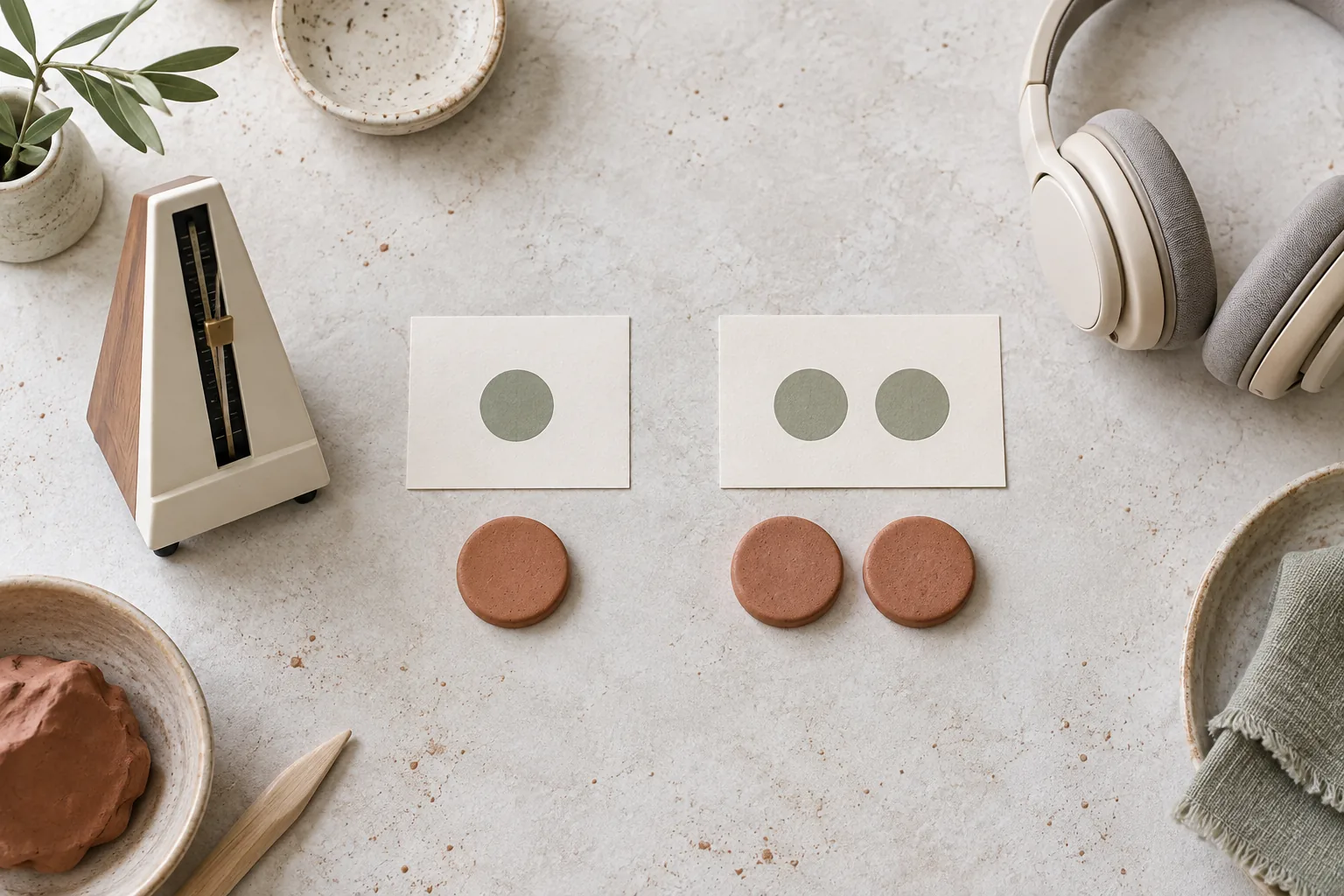 Overhead still life with one clay token beside two clay tokens, headphones and a metronome representing short and long Japanese vowel timing