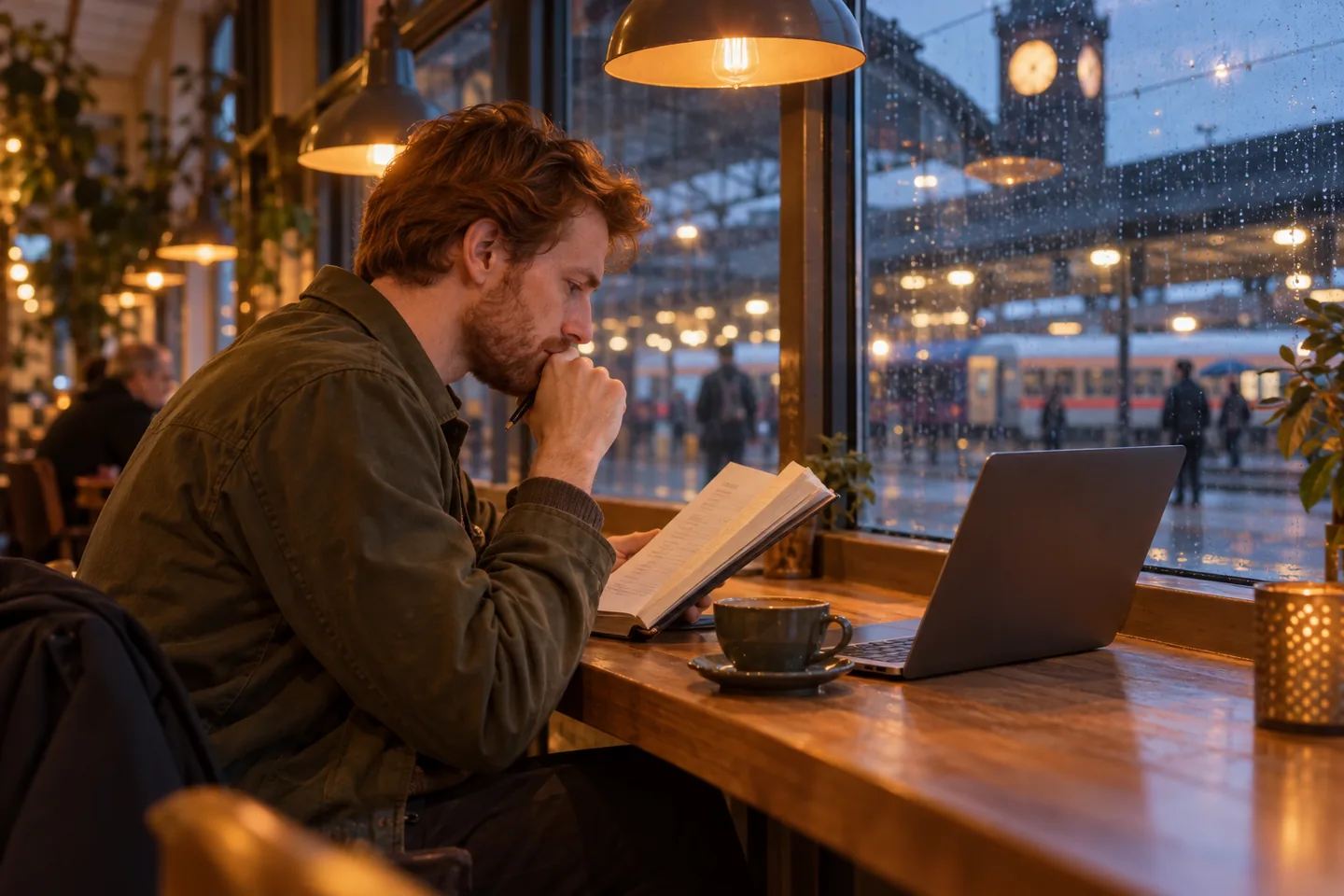 European man checking a paper vocabulary reference beside a laptop in a station cafe at dusk