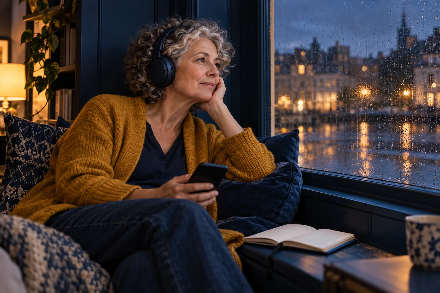 Older European woman listening with headphones in a dark blue window alcove
