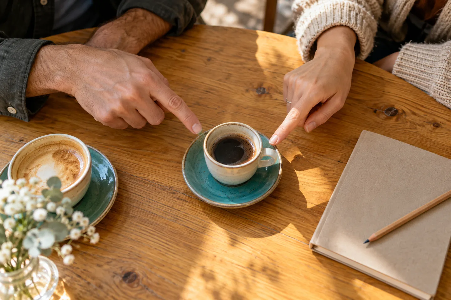 Two adults pointing toward the same ceramic cup on a cafe table beside a notebook