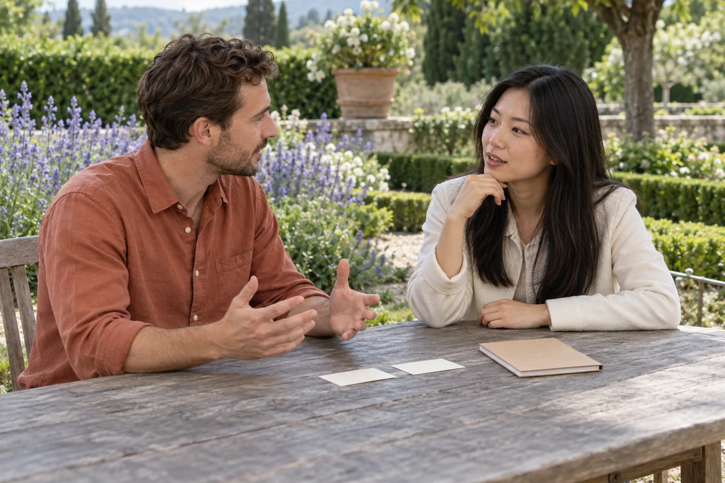 European man and East Asian woman comparing blank scenario cards during speaking practice in a garden