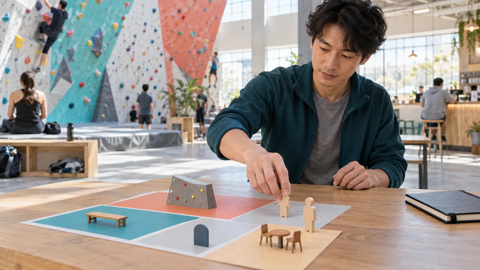 Adult learner moves wooden people between activity zones on a physical floor plan in a bright climbing gym
