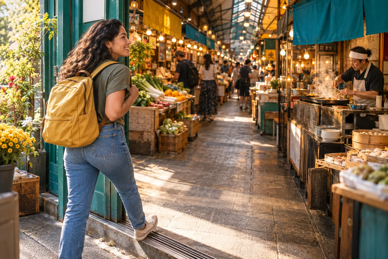 Adult learner steps into a covered market while a cook works at a stall deeper inside