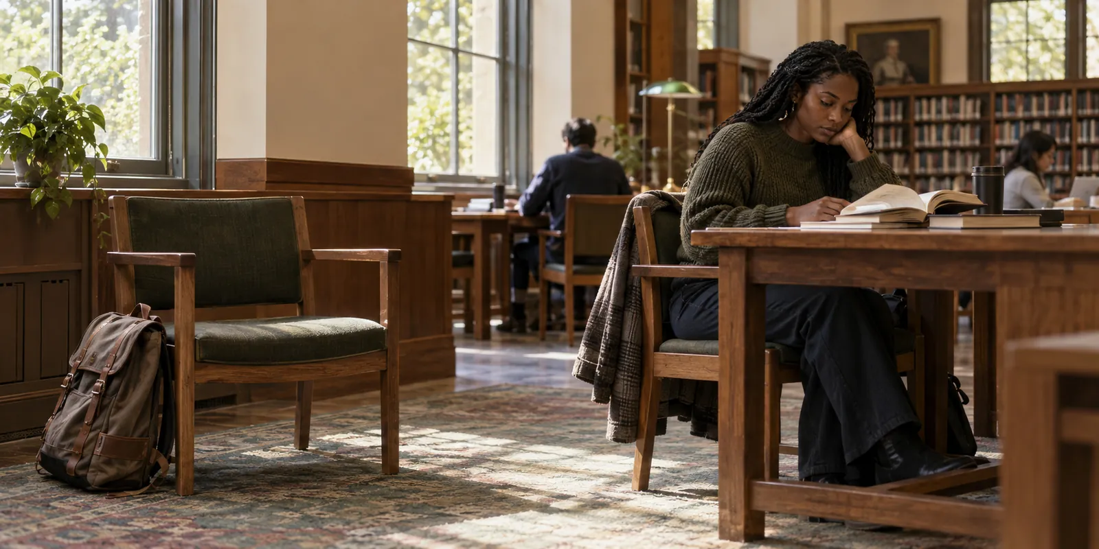An empty library chair with a backpack contrasts with an adult learner actively reading at a nearby table