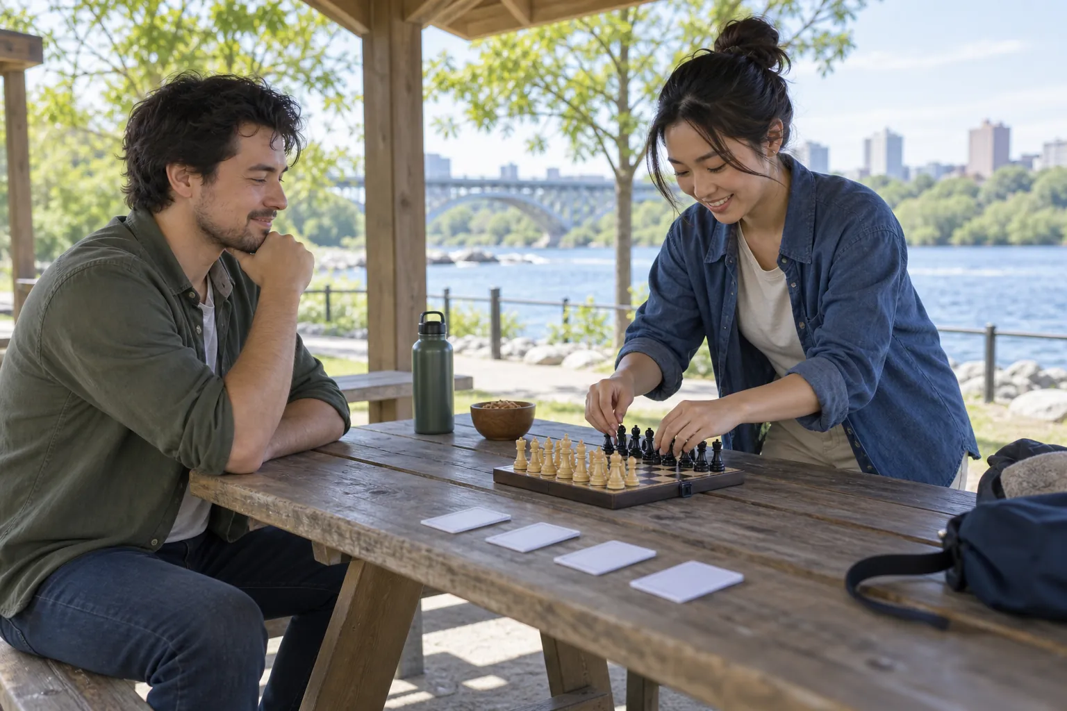 Two adult language partners at a riverside shelter contrast sitting on a bench with playing chess at a table